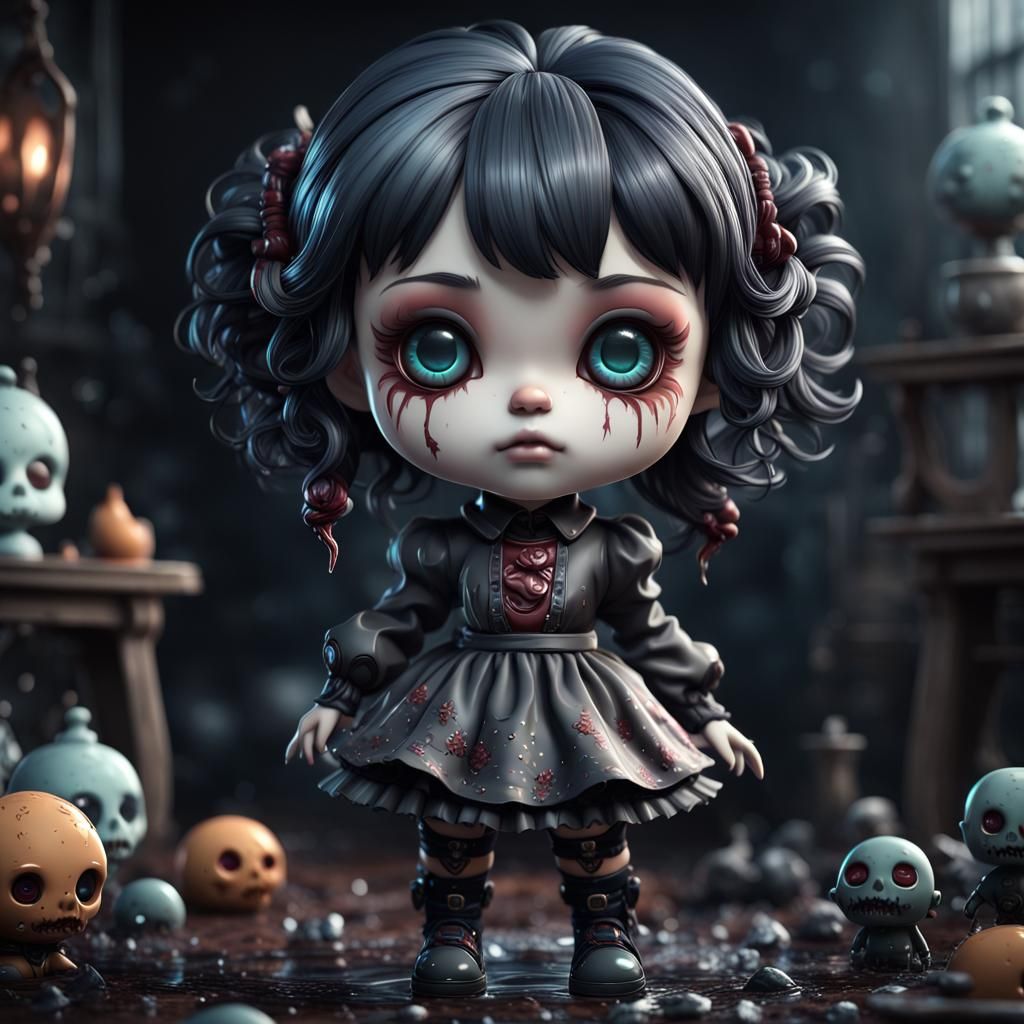 Black Chibi Porcelain Doll in Detailed Matte Style