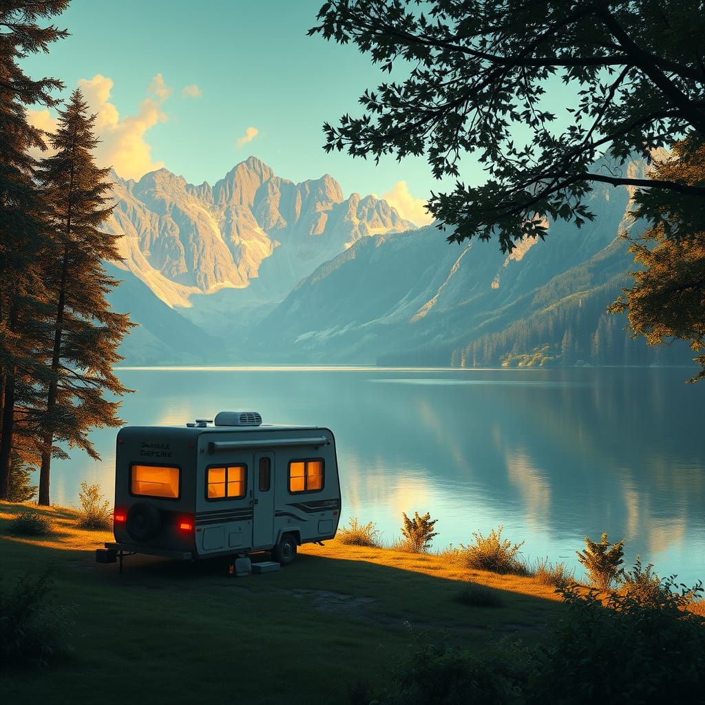 Camper by Shimmering Lake: Digital Painting in 8K