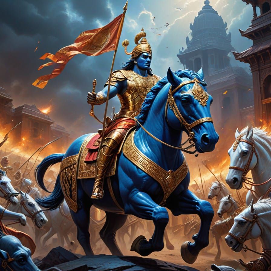Royal Blue Charioteer in Epic Indian Battle Scene