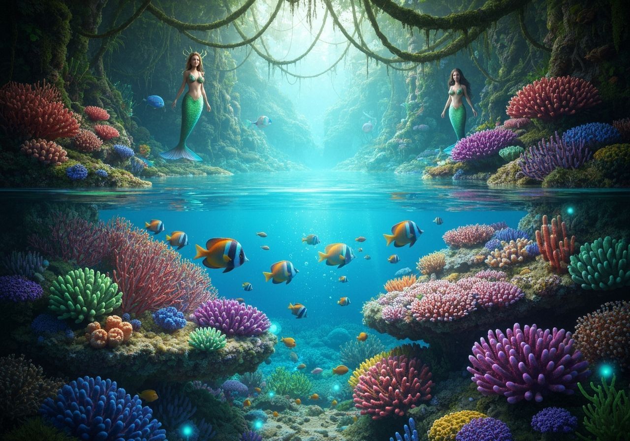 Underwater Realm with Mermaid Goddesses in Technicolor