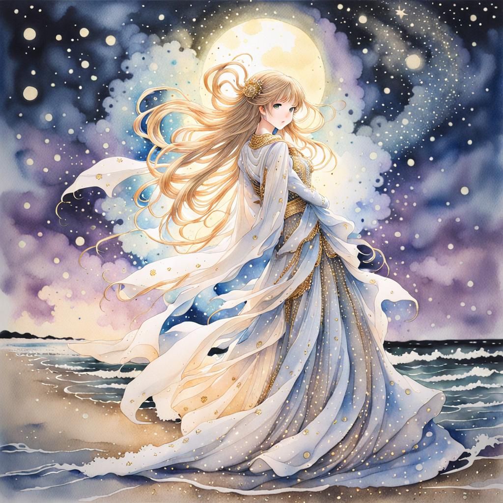 Moonlit Sand Woman: Anime Watercolor Art