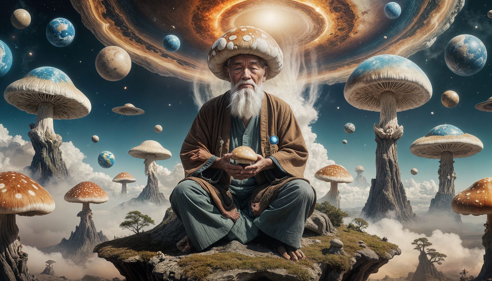 Mystical Mushroom Man Levitates Planets: Cinematic Still