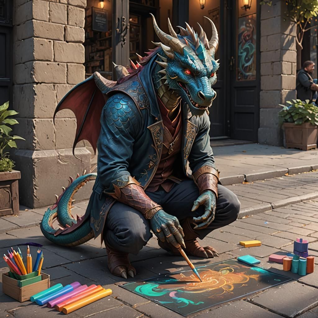 Street Artist Creates Dragon Art on Sidewalk