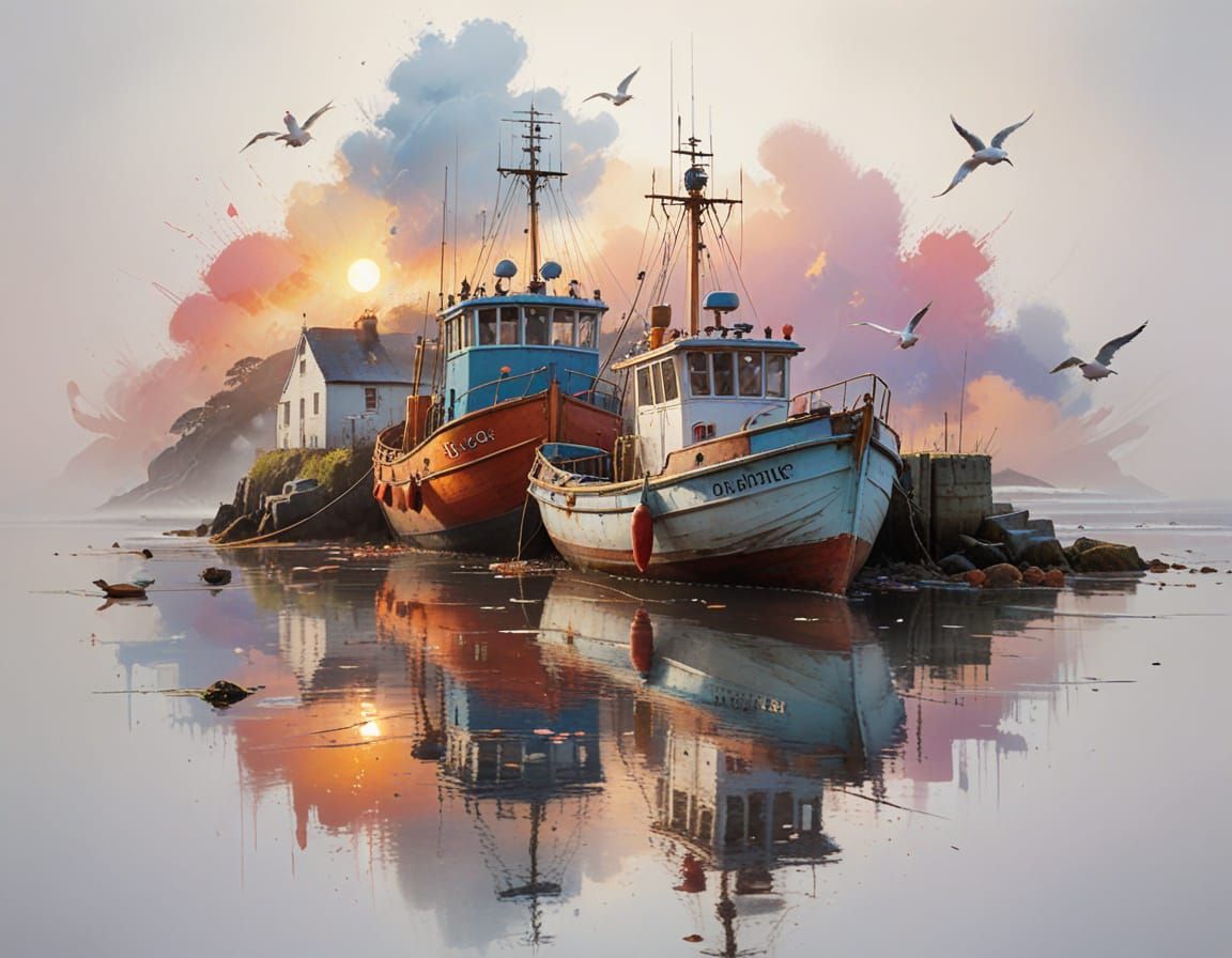 Cornish Harbour Sunrise: Boats, Cottages, and Seagulls in So...