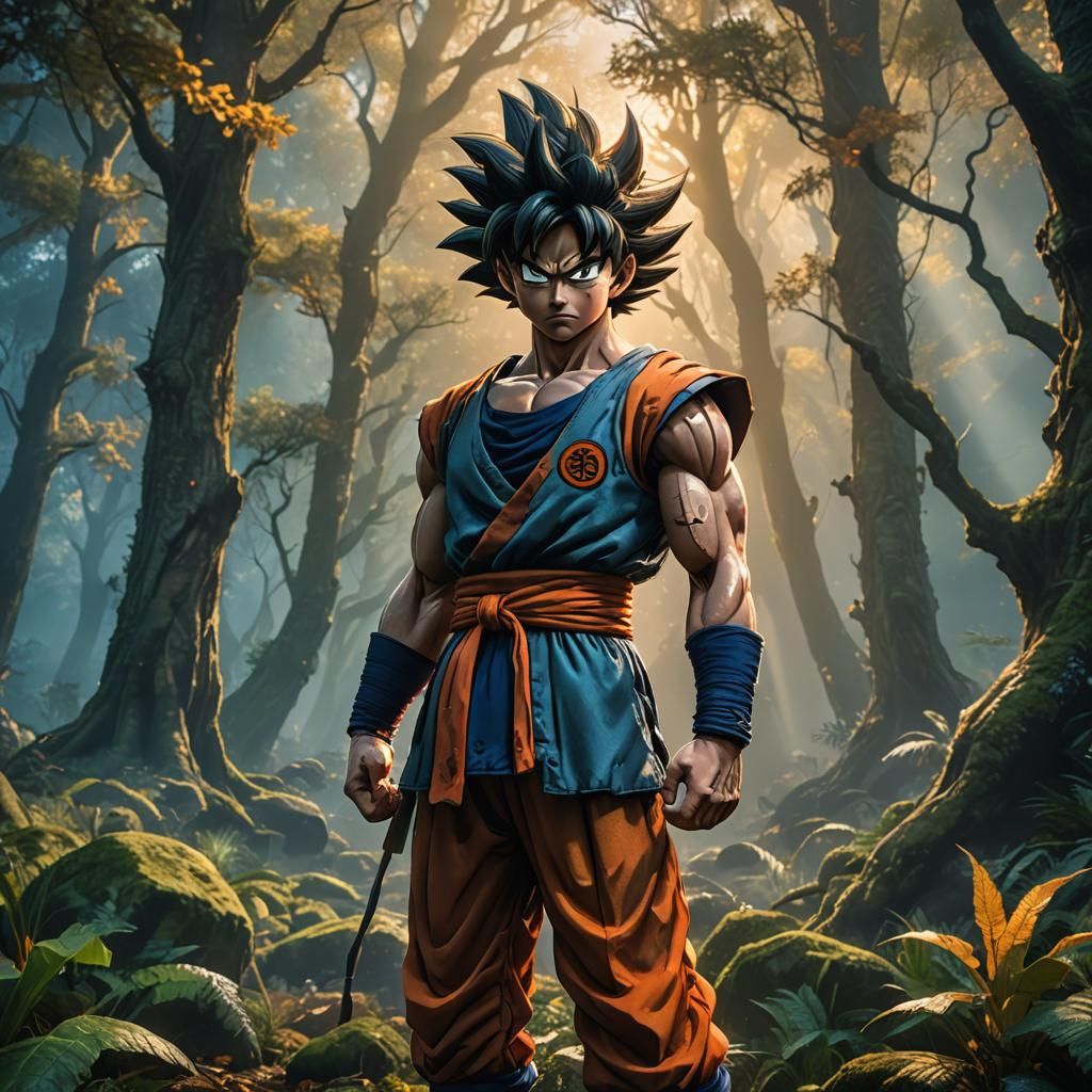 Son Goku in Mystical Forest: Anime Fantasy Art