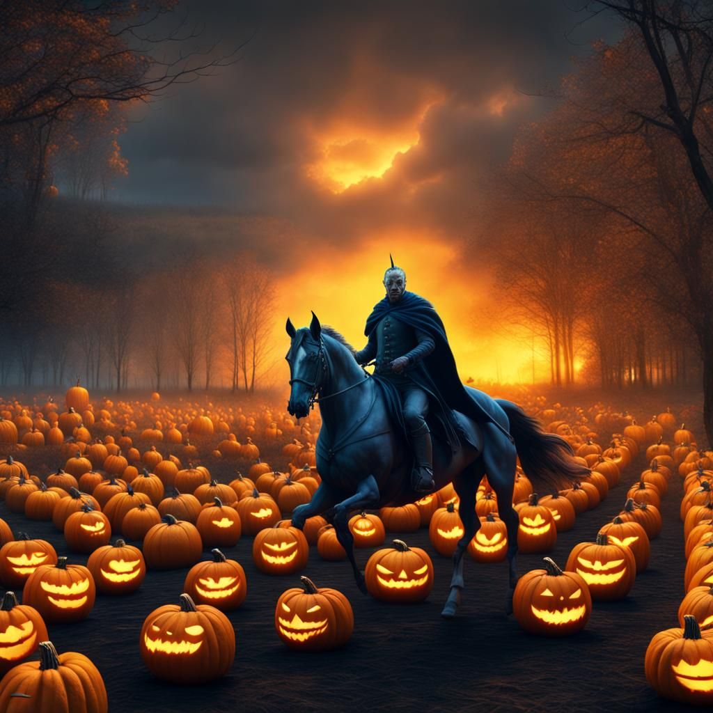 Headless Horseman in Fiery Pumpkin Patch: Photorealistic 8K