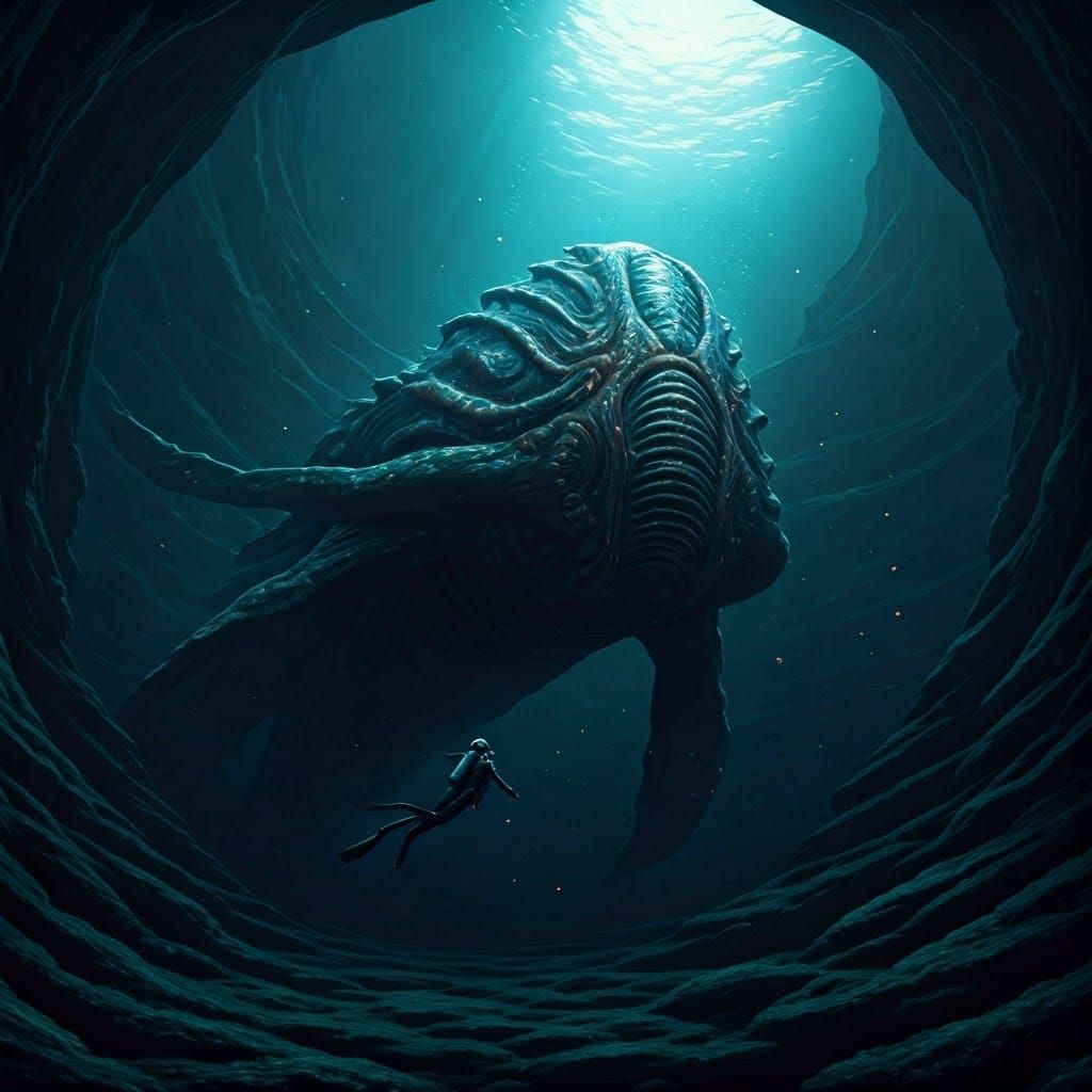 Gargantuan Sea Monster Glares at Diver in Dark Underwater Ab...