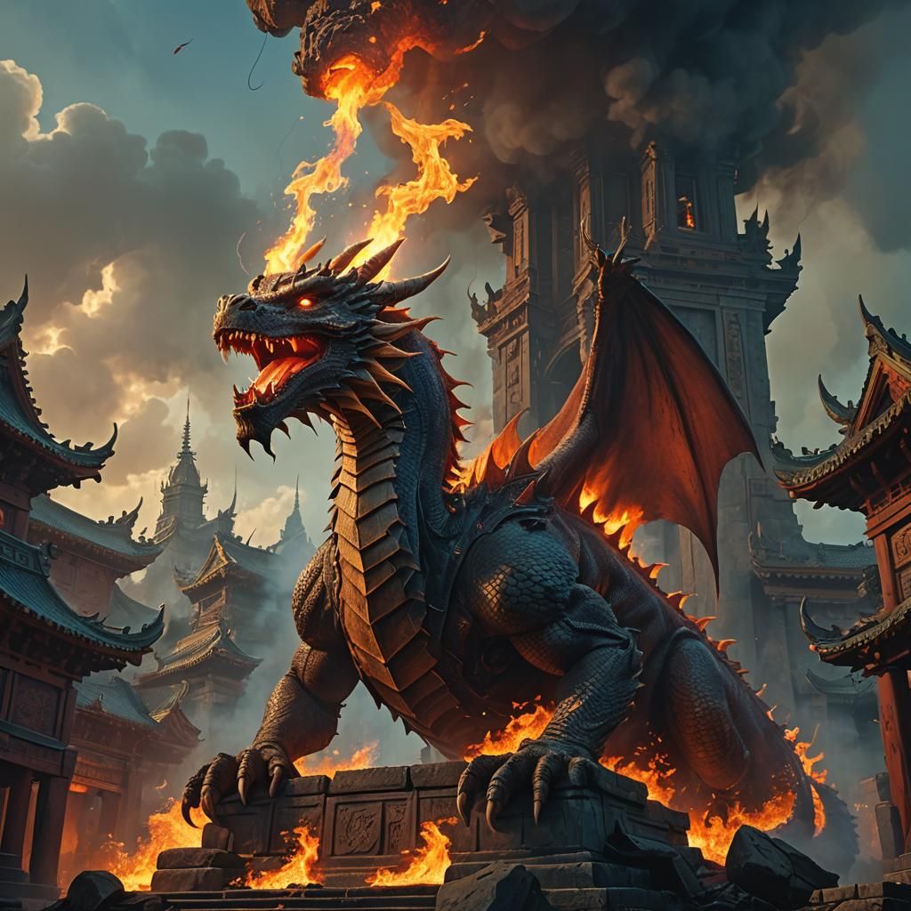 Dragon's Fire in Ancient Temple: Fantasy Art