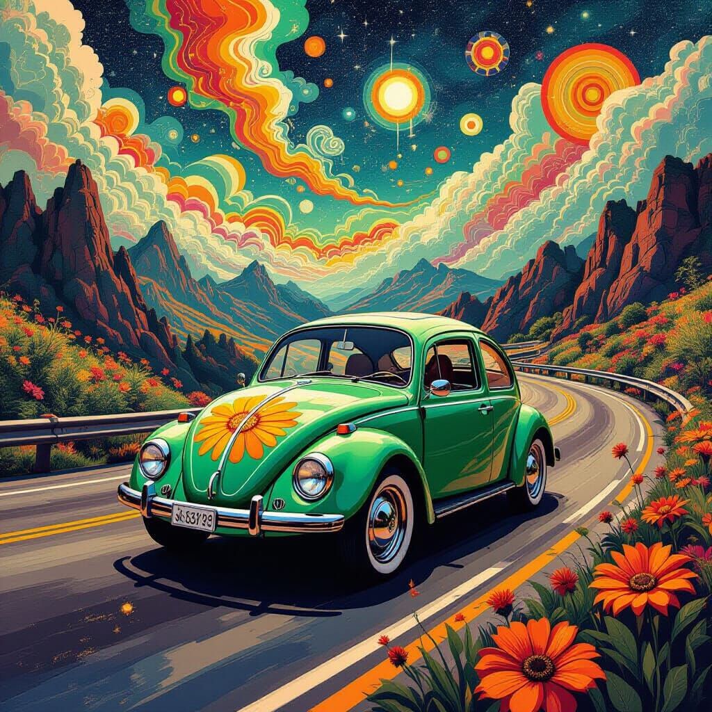 Psychedelic VW Beetle on a Winding Highway