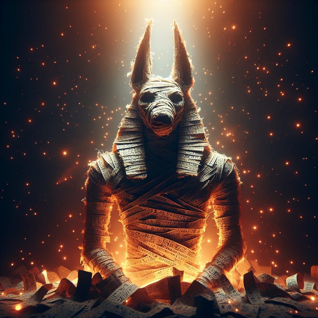Majestic Parchment Mummy of Anubis in Ancient Alchemical Tex...