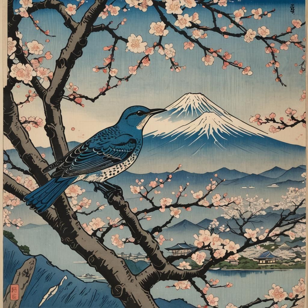 Blue Rock Thrush Woodblock Print with Cherry Blossoms
