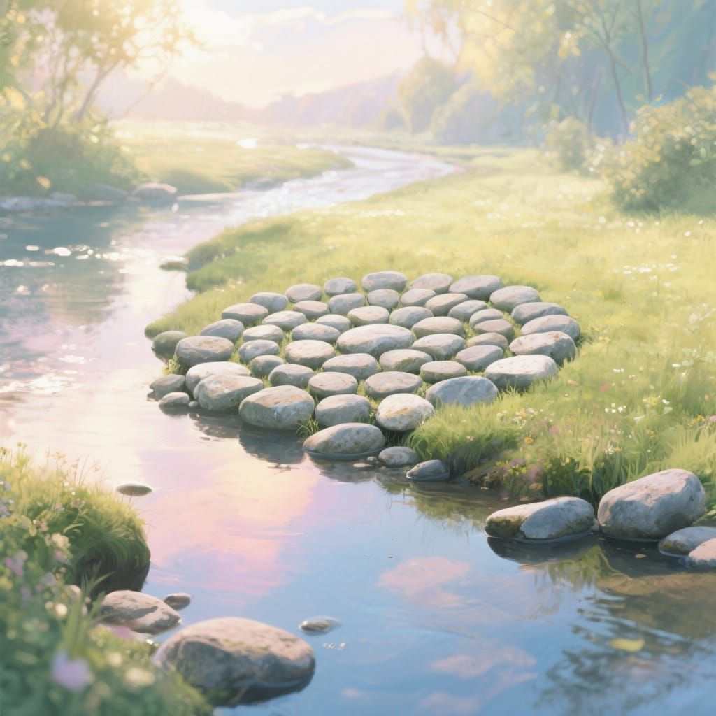 Sun-Dappled Glade with Mandala Stones and Ethereal Stream