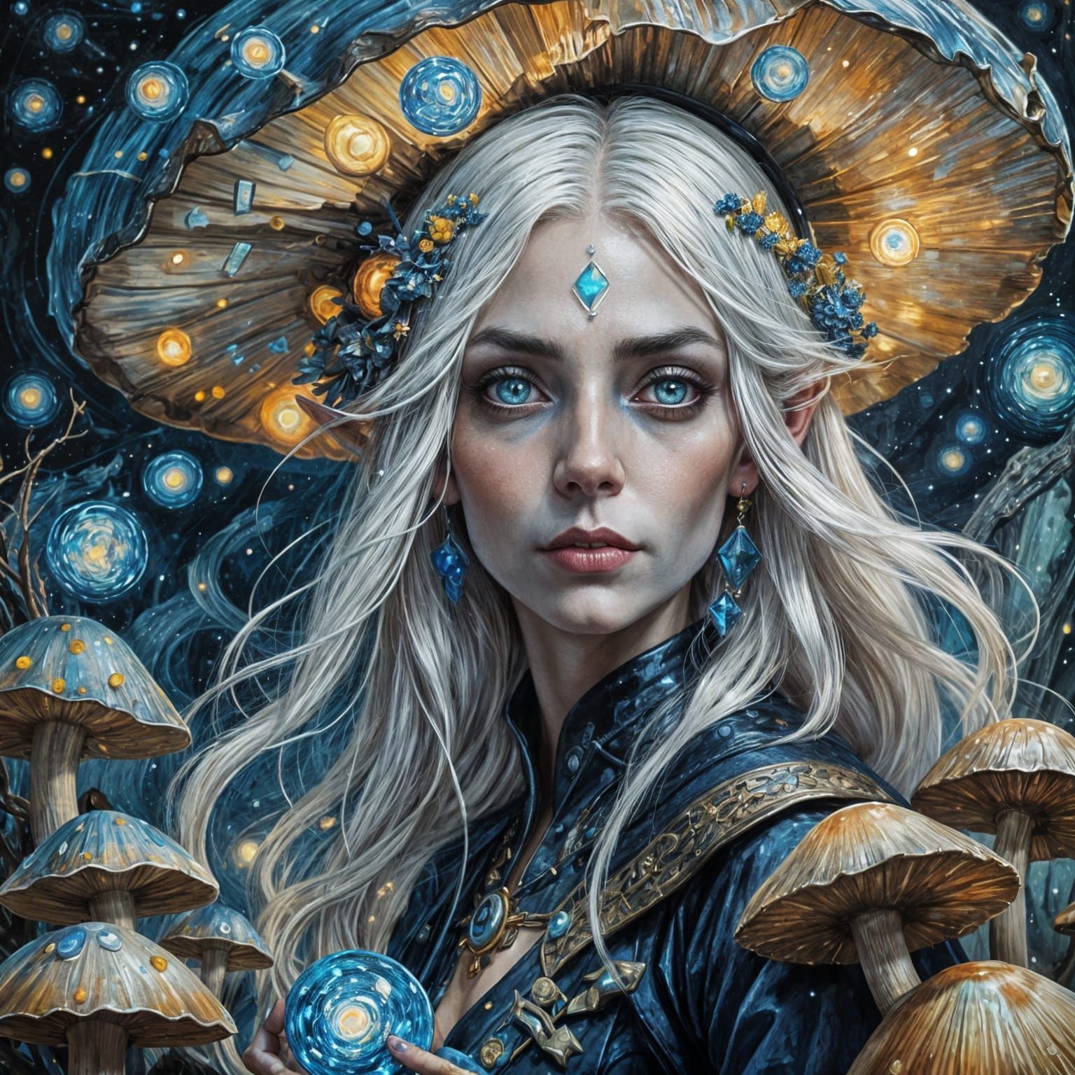 Dark Elf Witch on Mushroom, Starry Night Painting