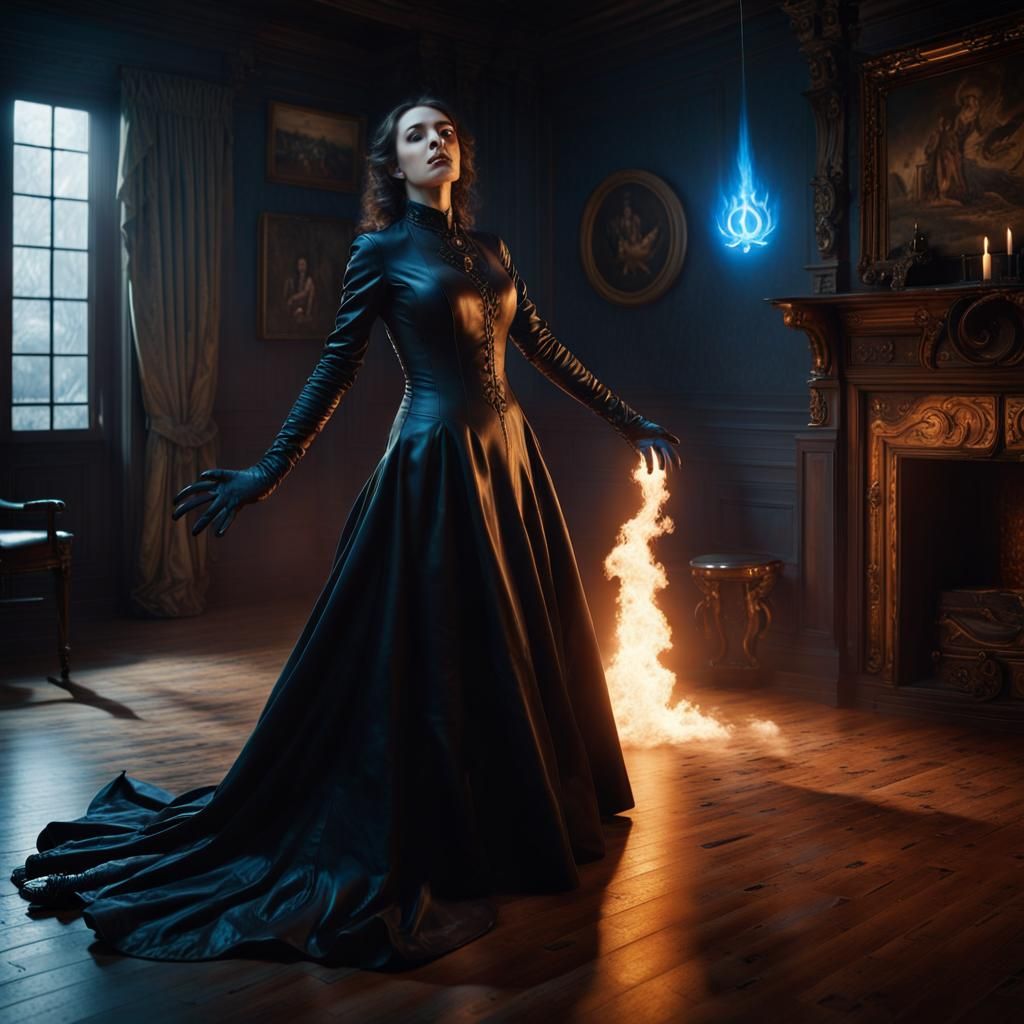 Eerie Sorceress Levitates in Dark Fantasy Scene