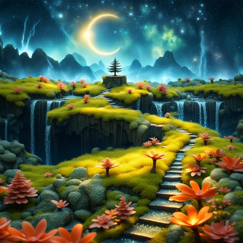 Miniature Moth Village with Rainforest Waterfall