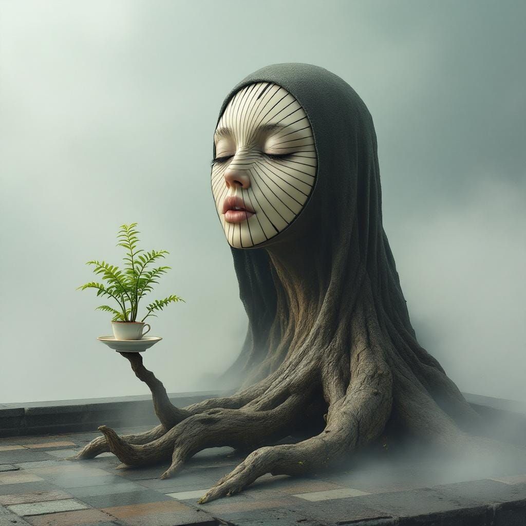 Surreal Piano Key Face on Misty Rooftop