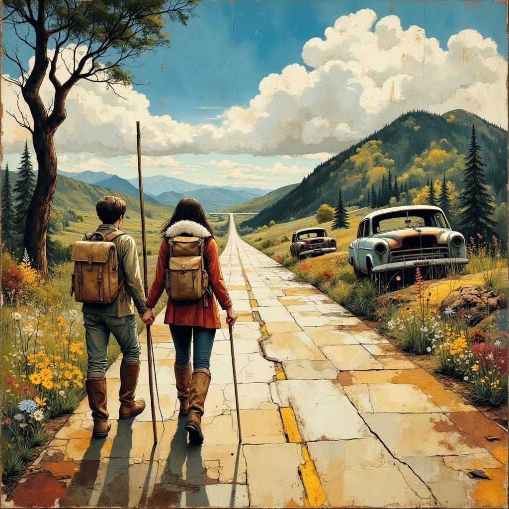 Folk Art Travelers on Ruined Highway with Wildflowers