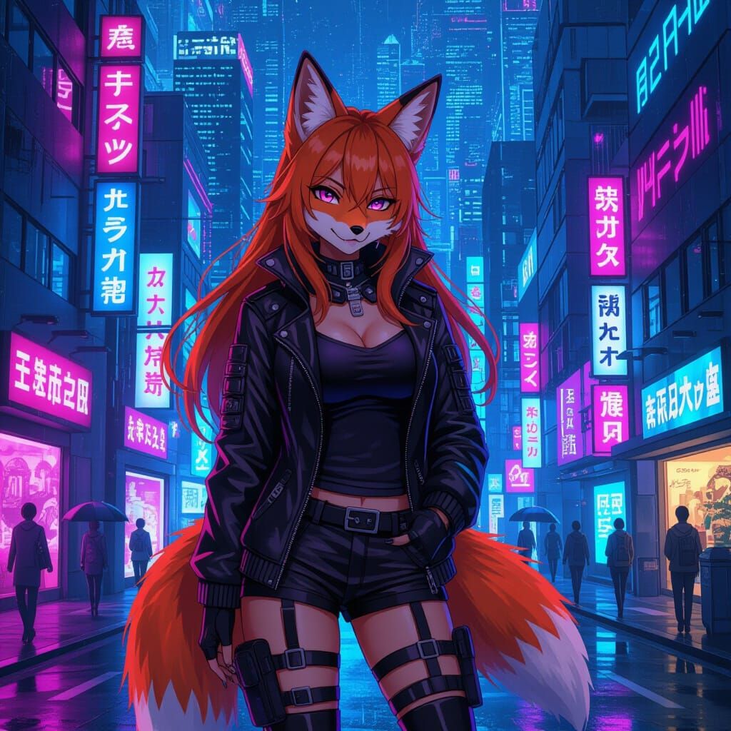 Cyberpunk Fox Woman in Neon Cityscape