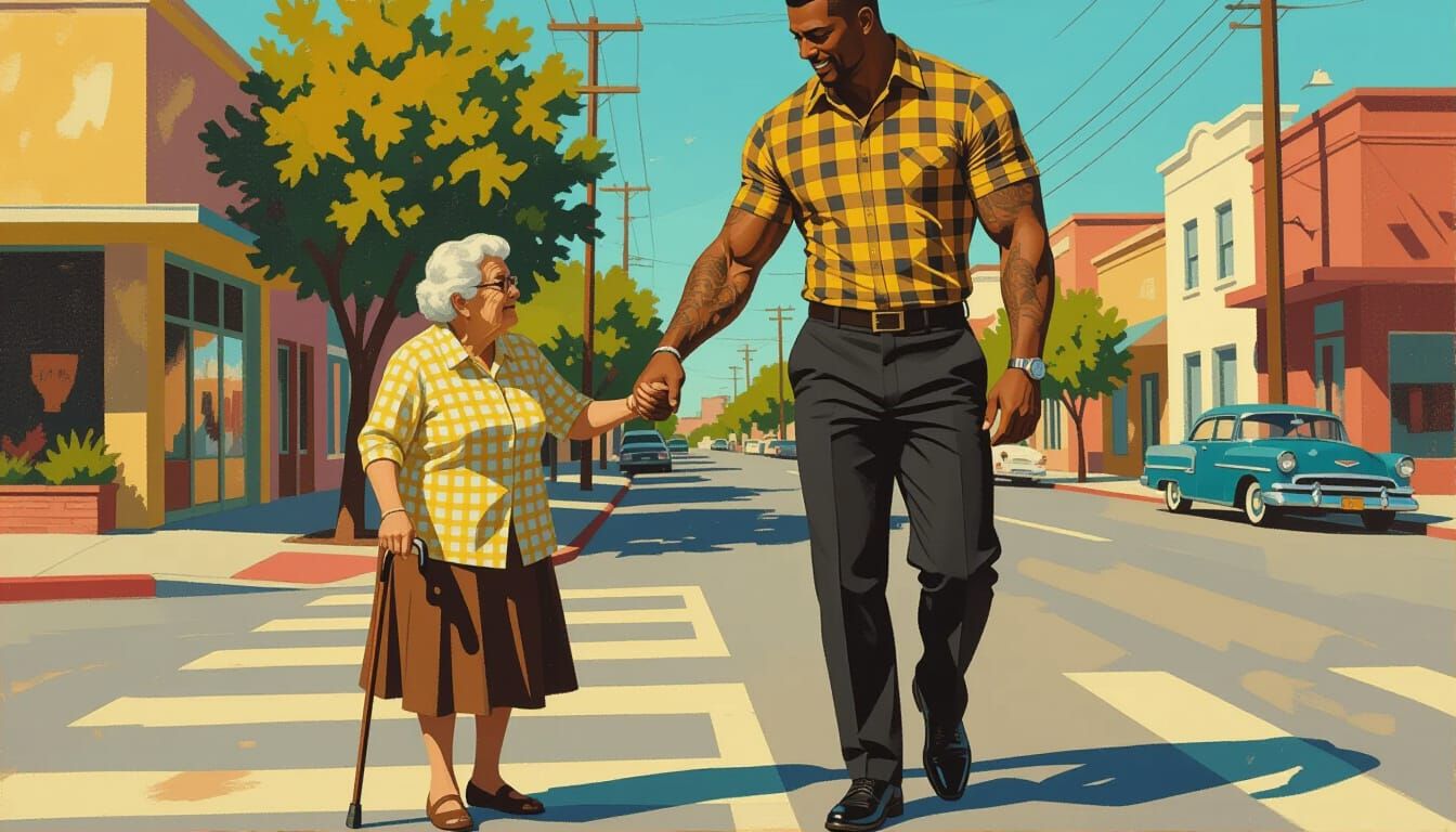 Football Player Helps Elderly Woman Cross Street in Surreal ...
