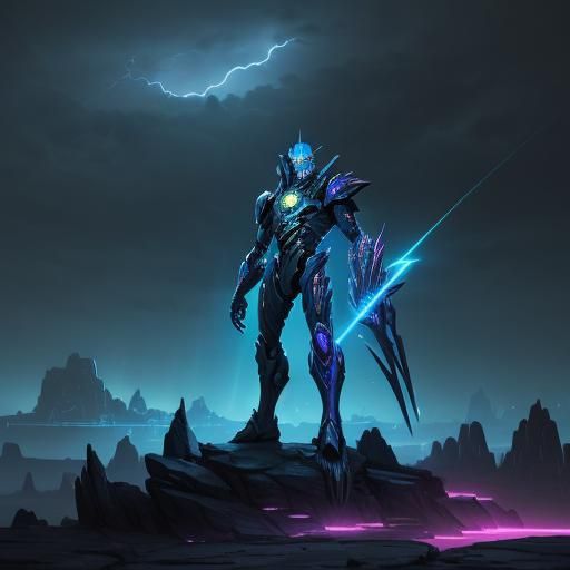 Neon-Lit Protoss Warrior in Alien Landscape