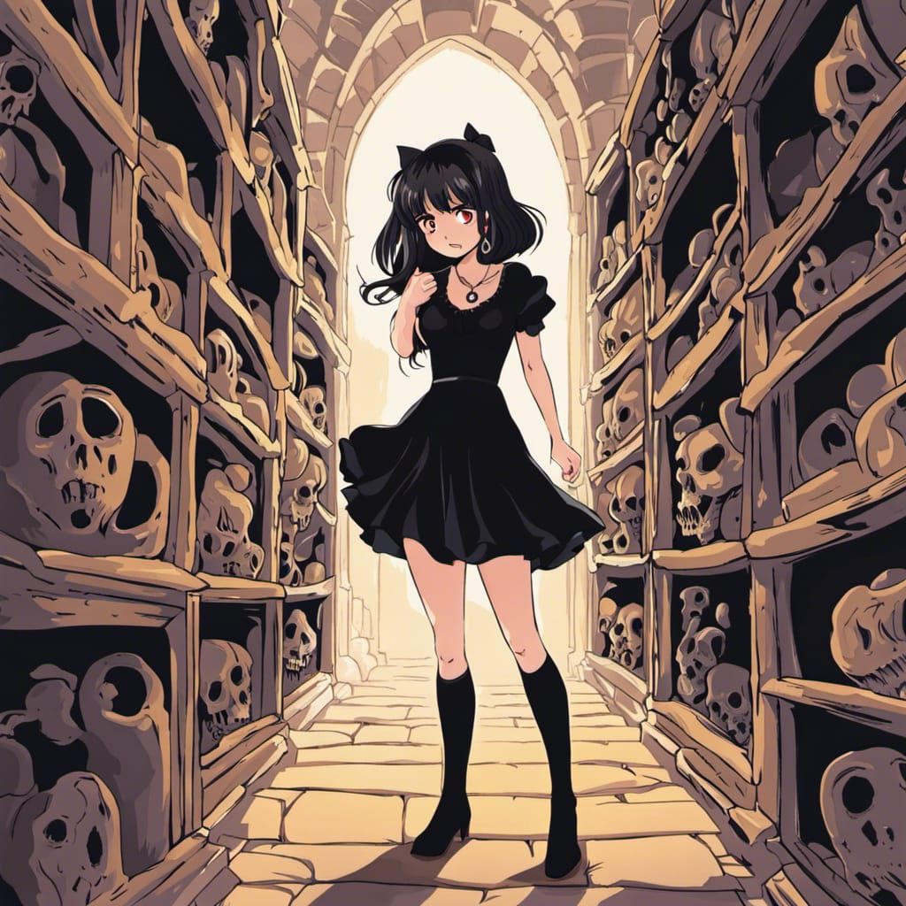 Anime Girl Enters Catacombs in Retro 2D Style