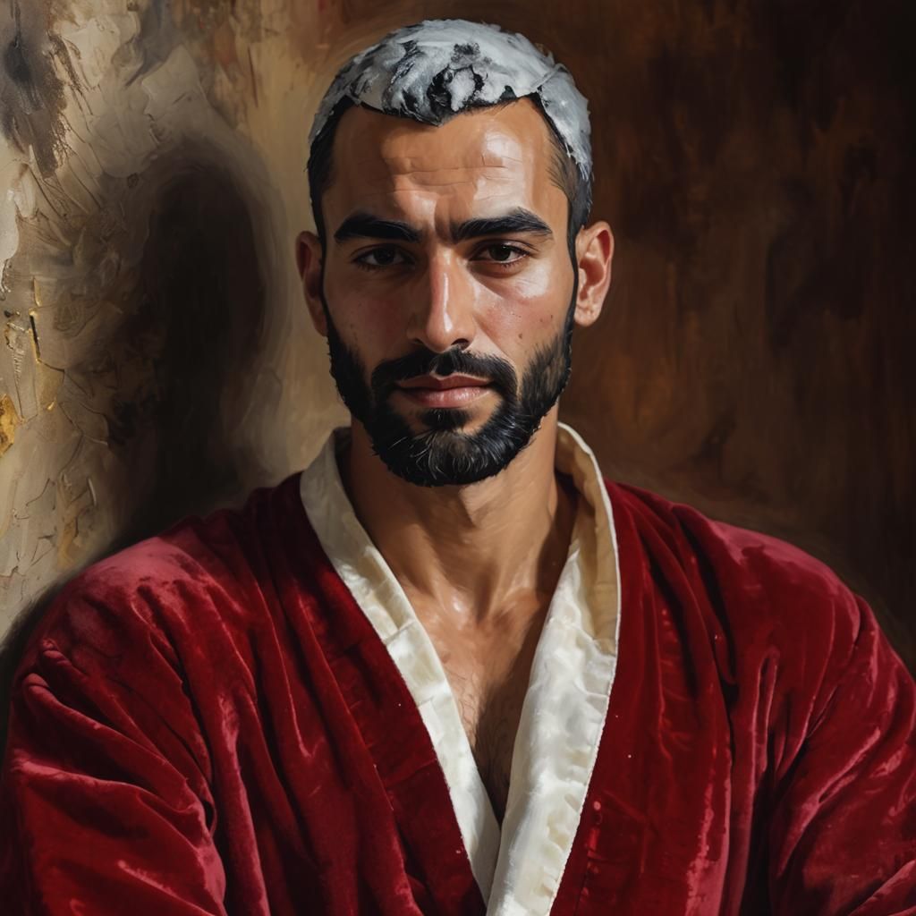 Pensive Man in Velvet Robe: Alcohol Ink Impasto Portrait