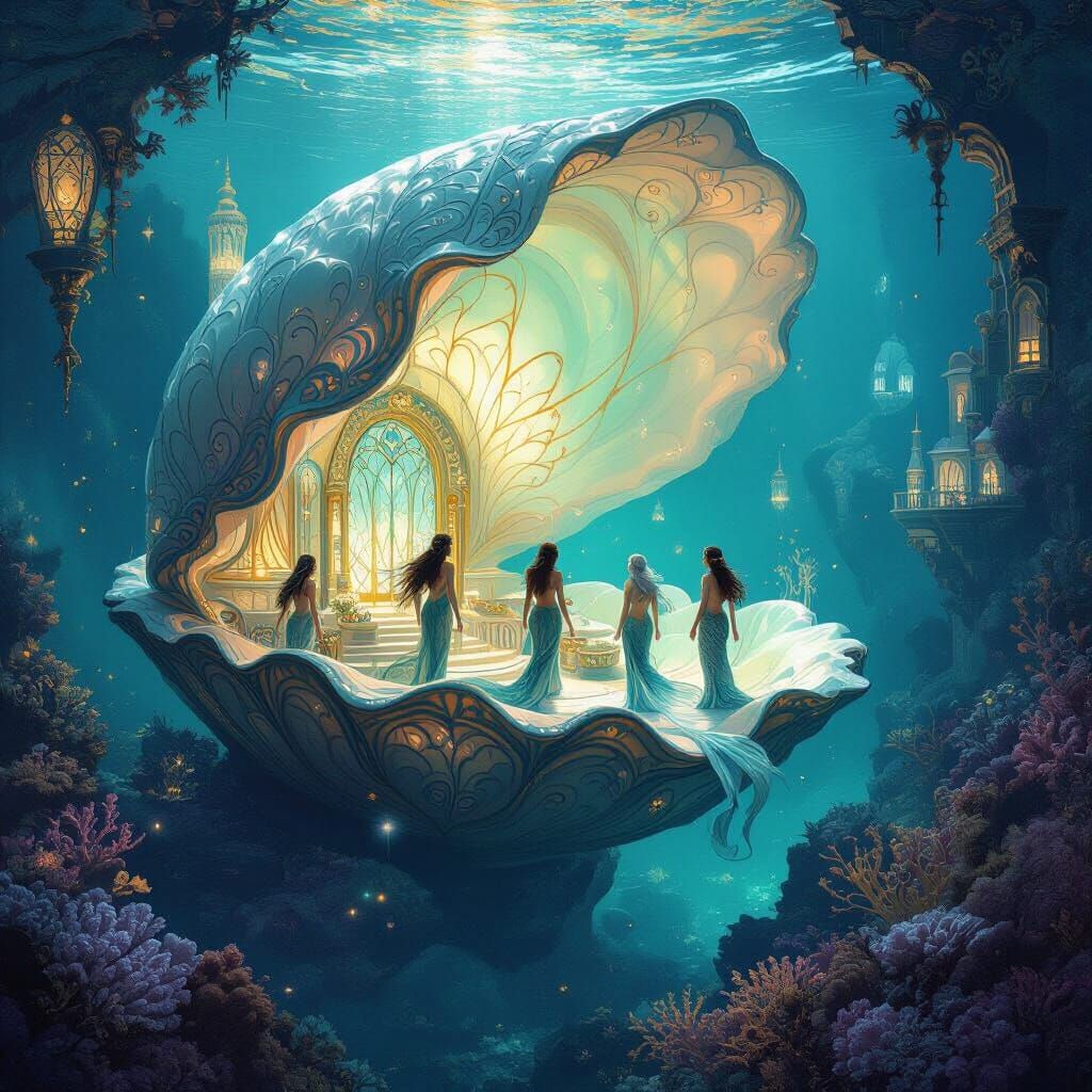 Merfolk City in Giant Clam Shell: Art Nouveau