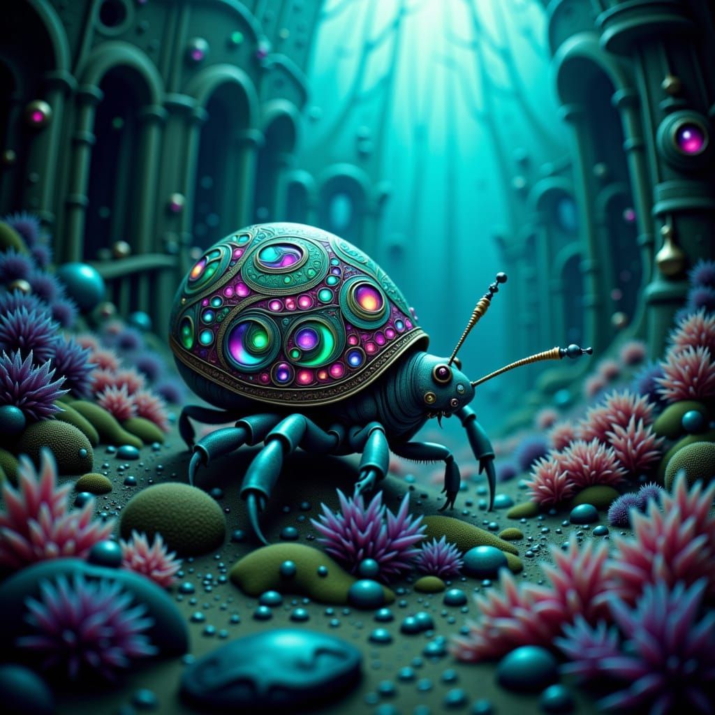 Bioluminescent Hermit Crab in Sunken City Ruins