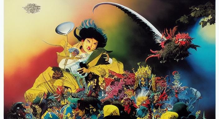 Japanese Folklore Figures in Dark Fantasy Style