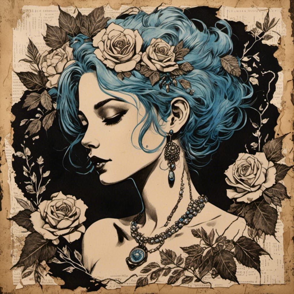 Vintage Collage of Tattooed Woman with Blue Hair