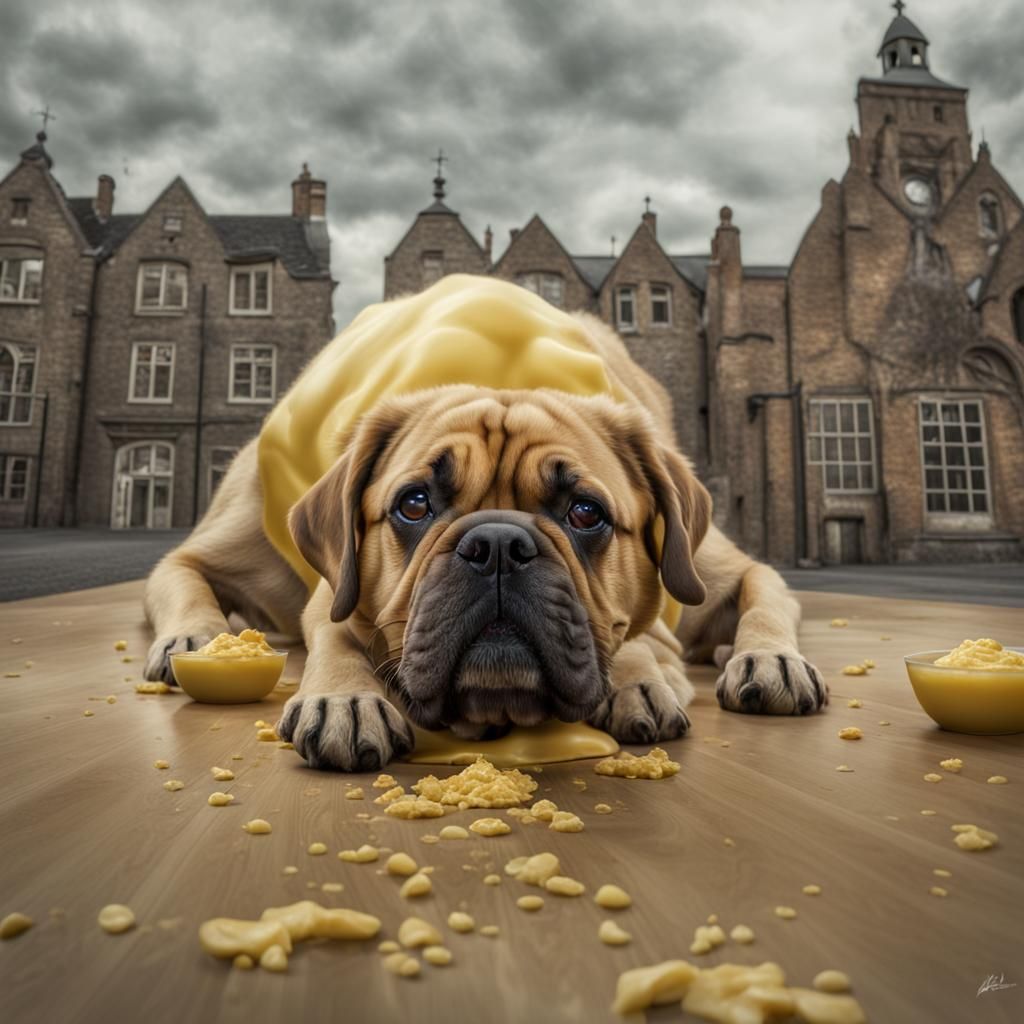 Hyperrealistic Dog and Custard Still Life