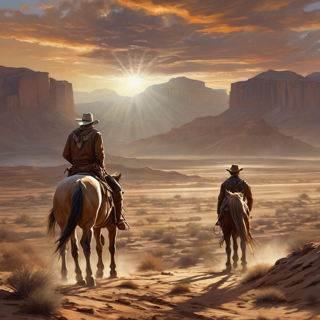 Cowboy Leads Horse in Desert Sunset Painting