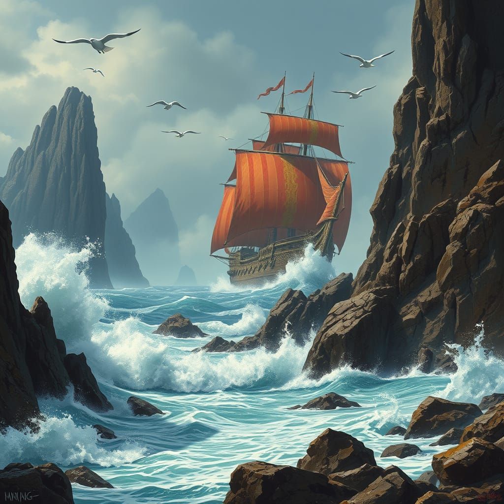 Majestic Gorean Ship Anchored in Dramatic Shoreline