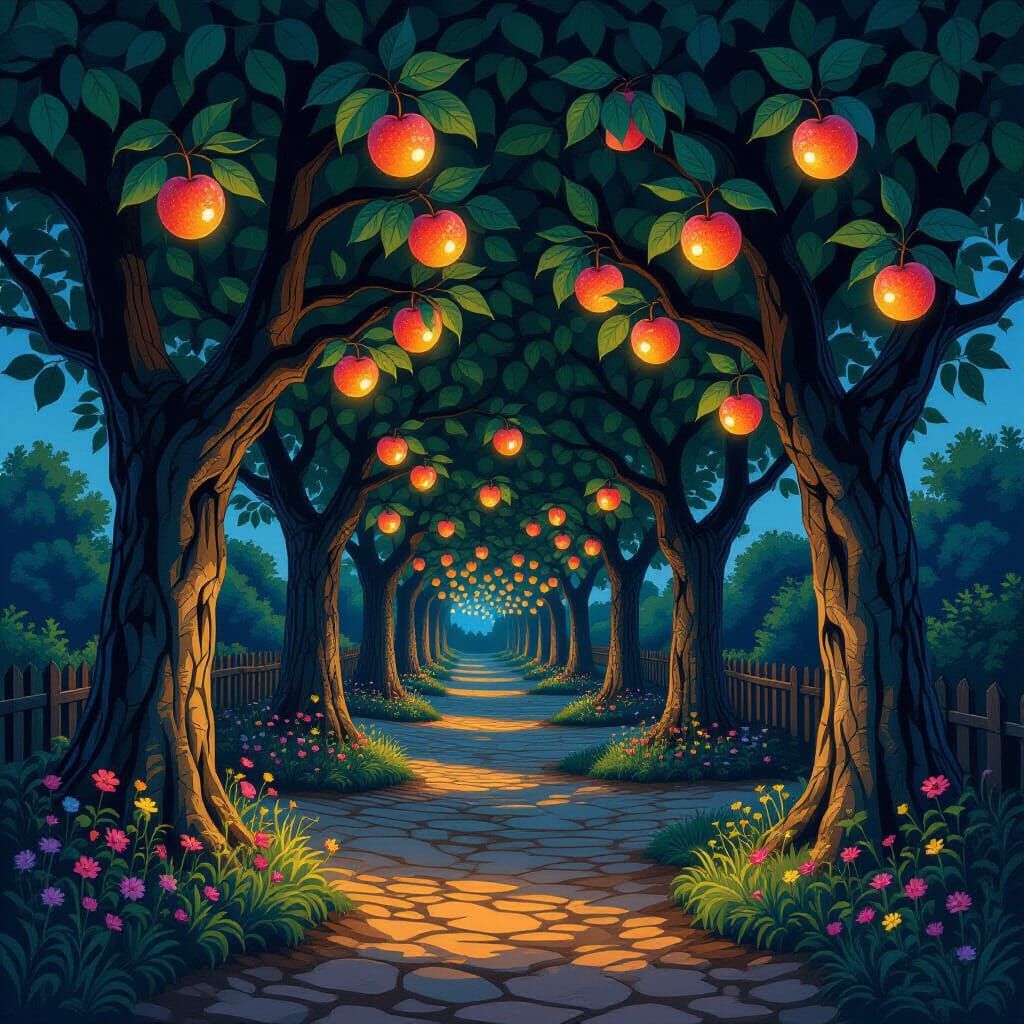 Bioluminescent Pear Orchard with Famous Paintings