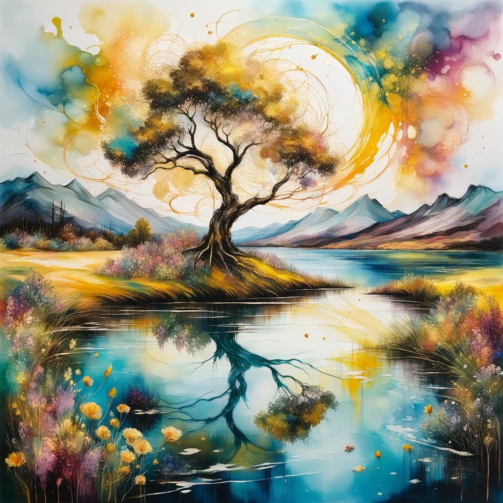 Impressionistic Tree on Enchanted Lake in Encaustic Style