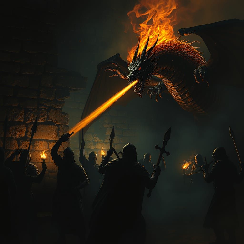 Warriors and Dragon in Flickering Torchlight