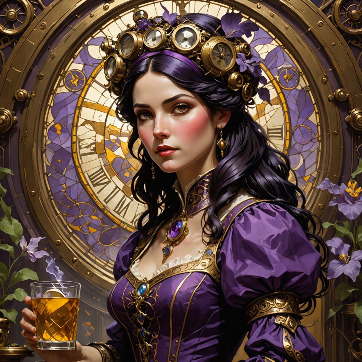 Blancanieves estilo steampunk, ilustración Alphonse Mucha