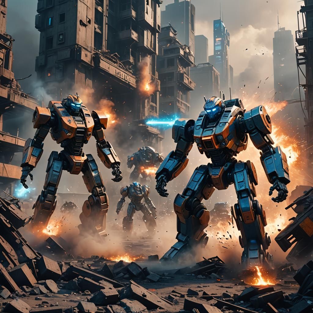 Epic Sci-Fi Robot Battle in Ruined Cityscape