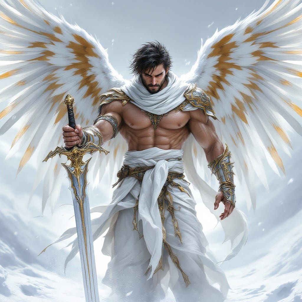 Heroic Angel Warrior in Winter Landscape