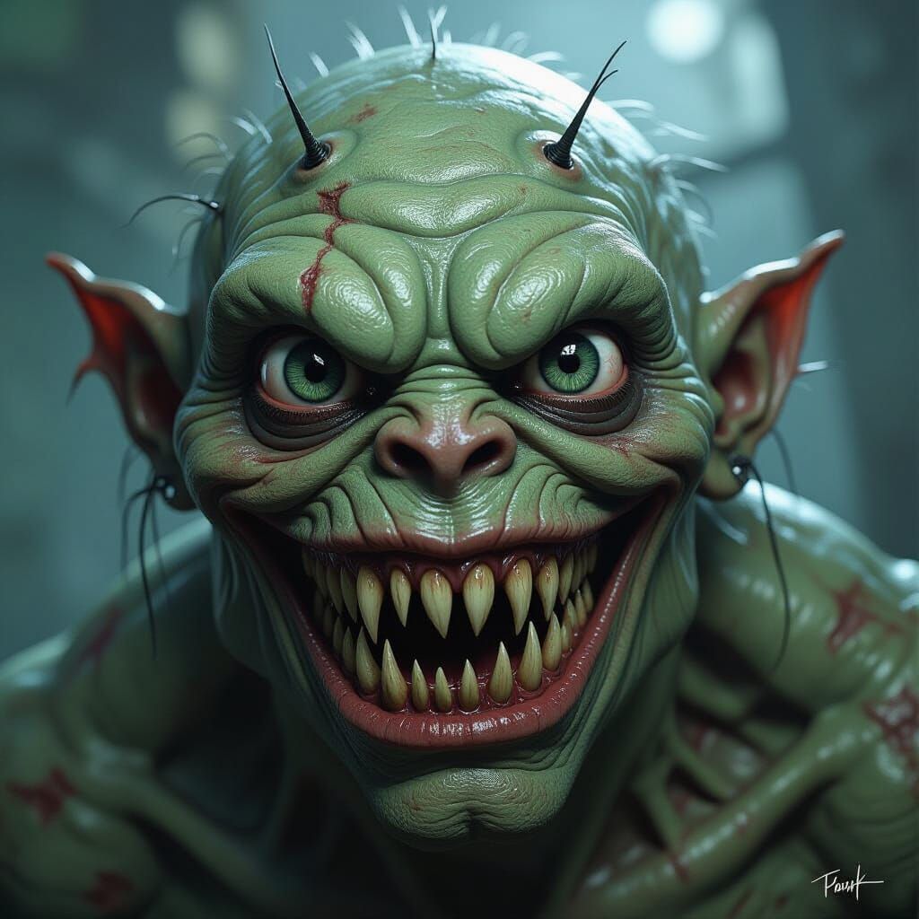 Hyper-realistic, ultra-detailed 4K digital painting of a terrifying monster with a lifelike, grotesque appearance. The c...