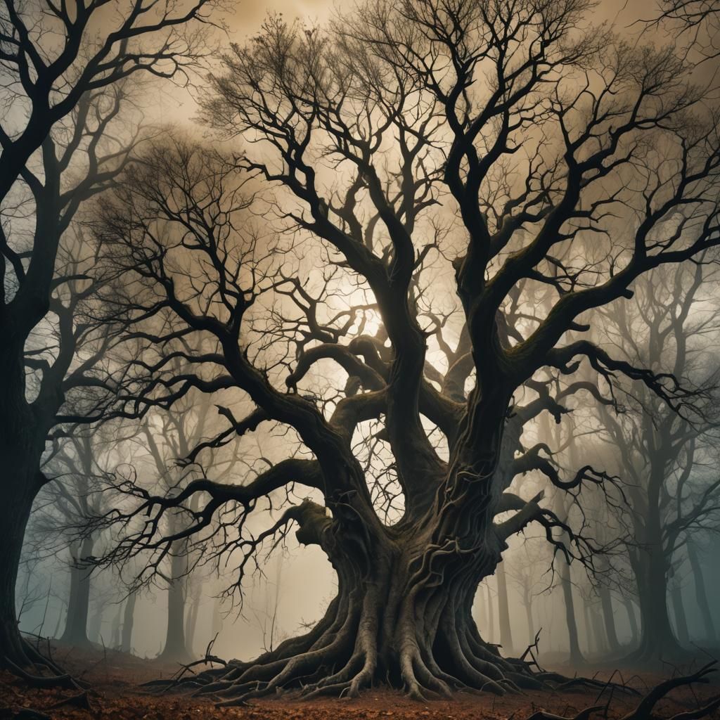 Mystical Tree in Empty Forest, Surreal Digital Painting