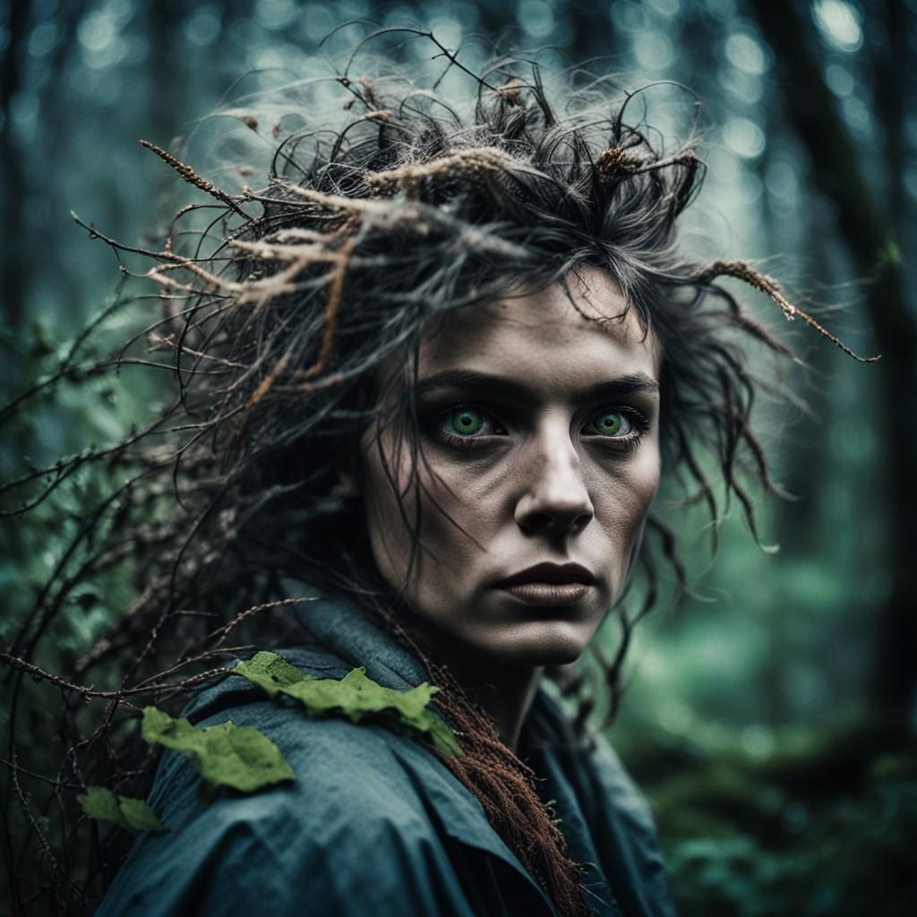 Mystical Forest Woman Portrait in Moody Film Grain