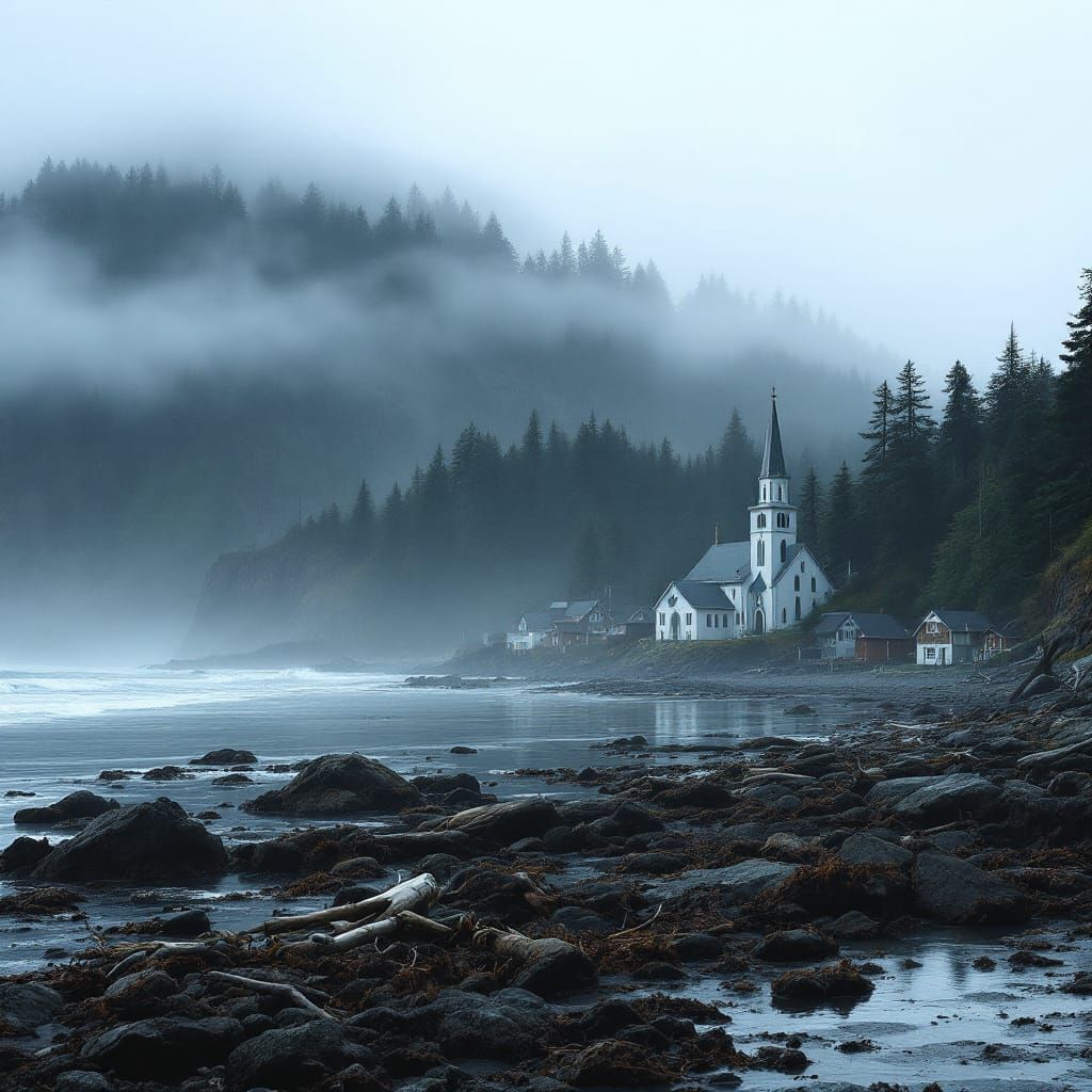 Misty Coastal Town with Dramatic Rocky Shoreline