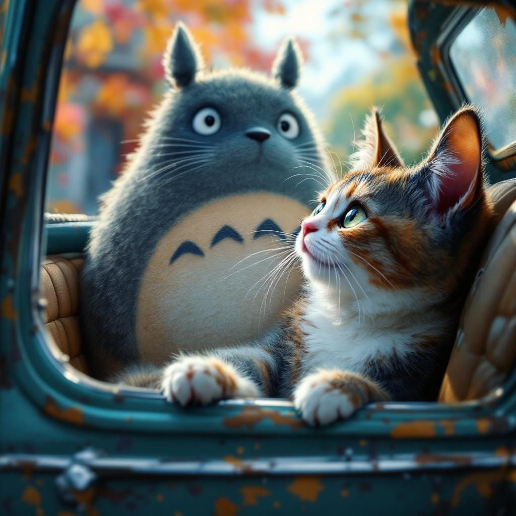 Cat and Totoro in Vintage Car, Splash Art