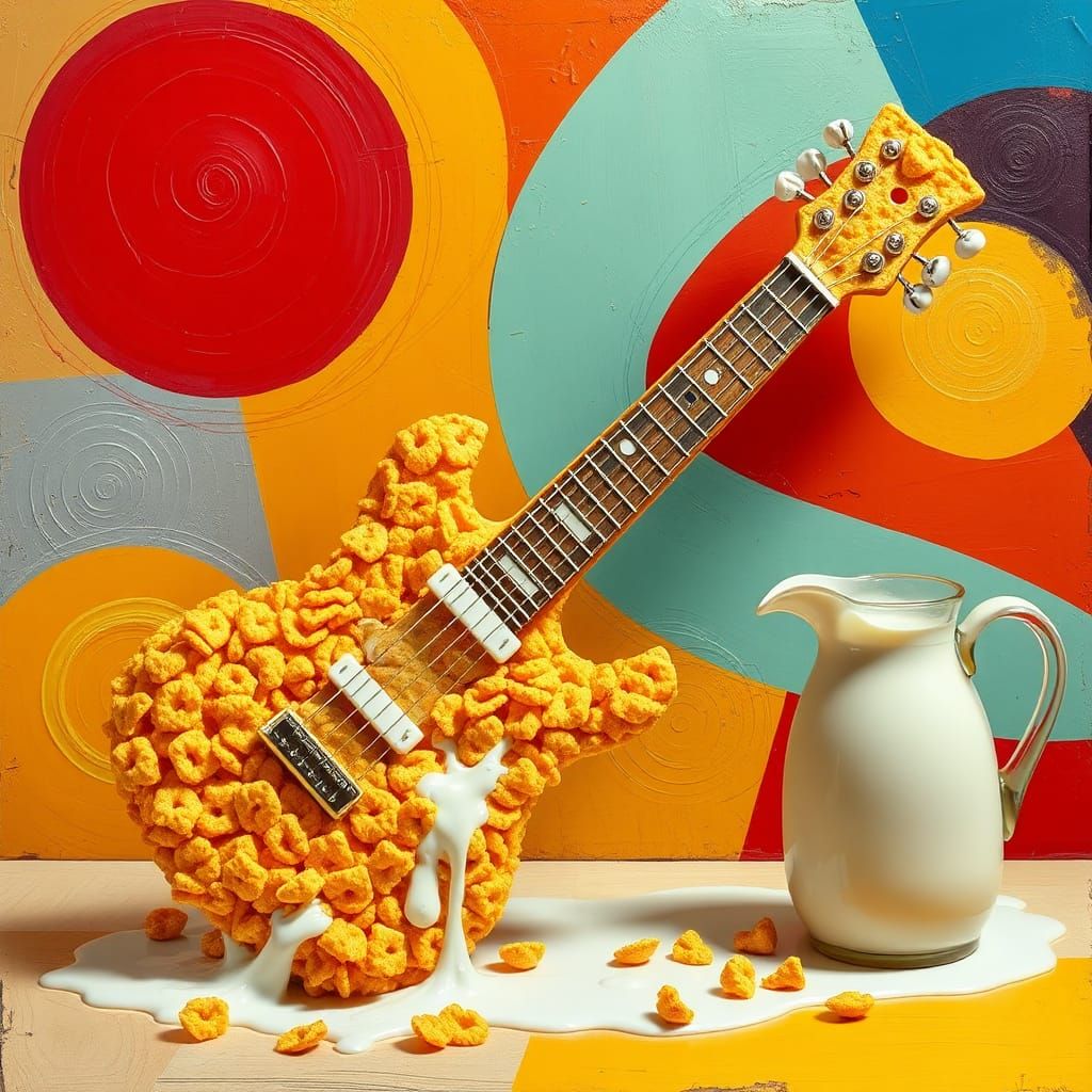 Cornflake Guitar in Cubist Style with Milk Splashes