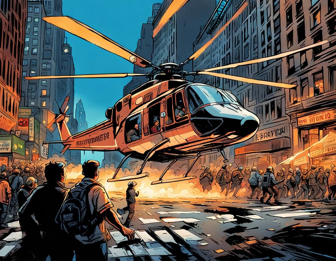 Helicopter Crash on Broadway in Comic Book Art