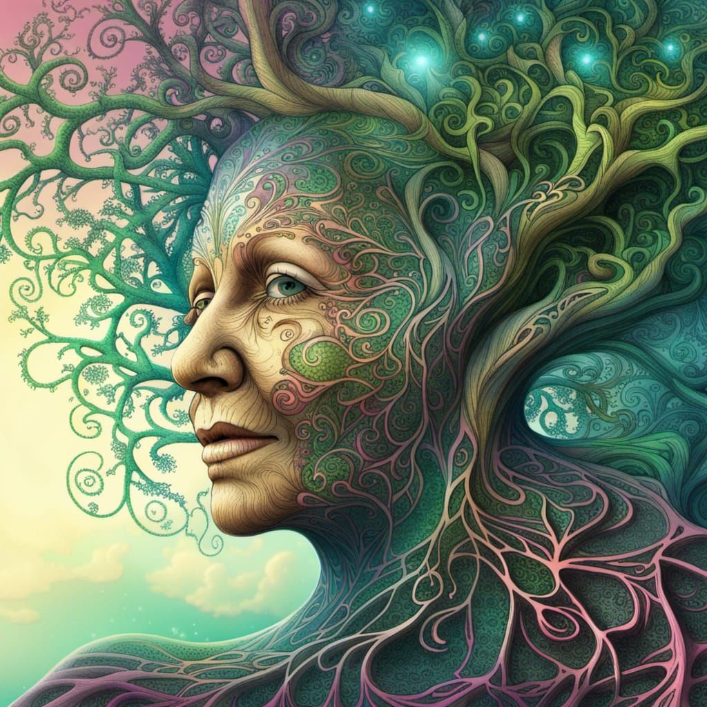 Gaia Awareness: Ancient Woman in Surrealist Landscape