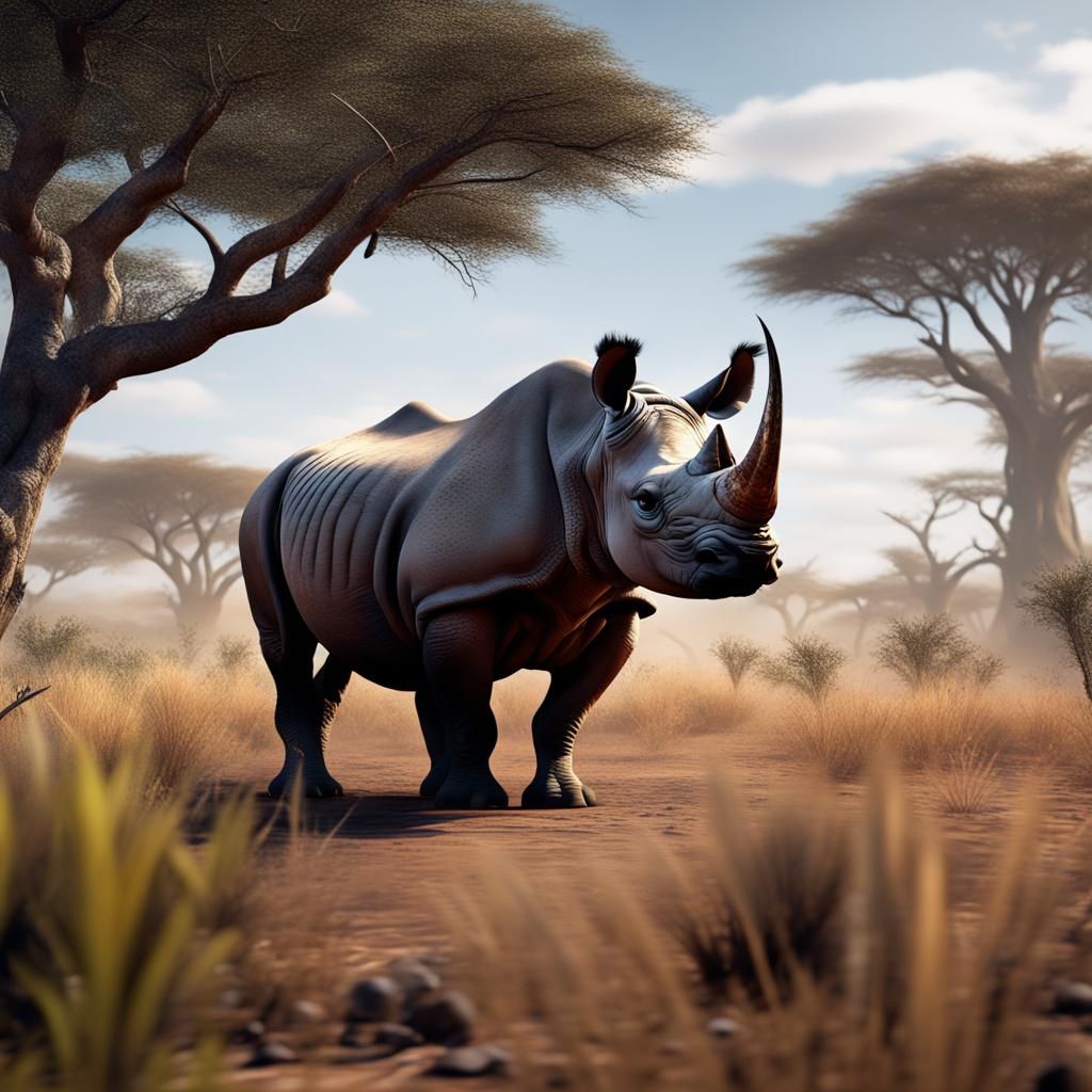 Black Rhino in Savannah: Detailed Matte Painting