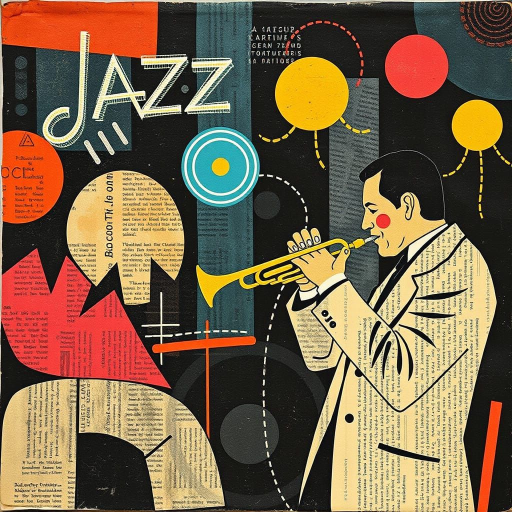 Constructivist Jazz Club Scene in Vibrant Textured Collage