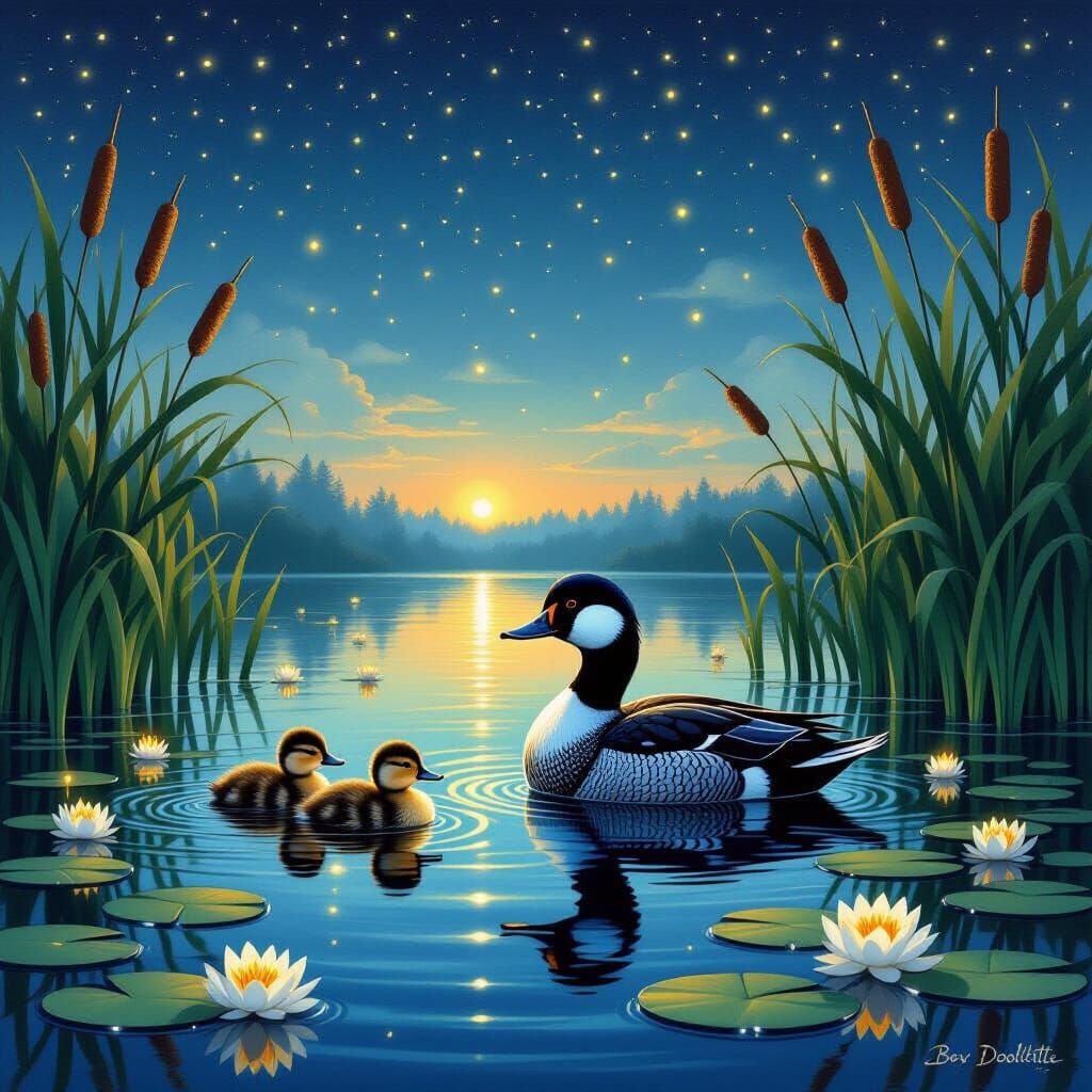 Bufflehead Ducklings in a Midnight Pond